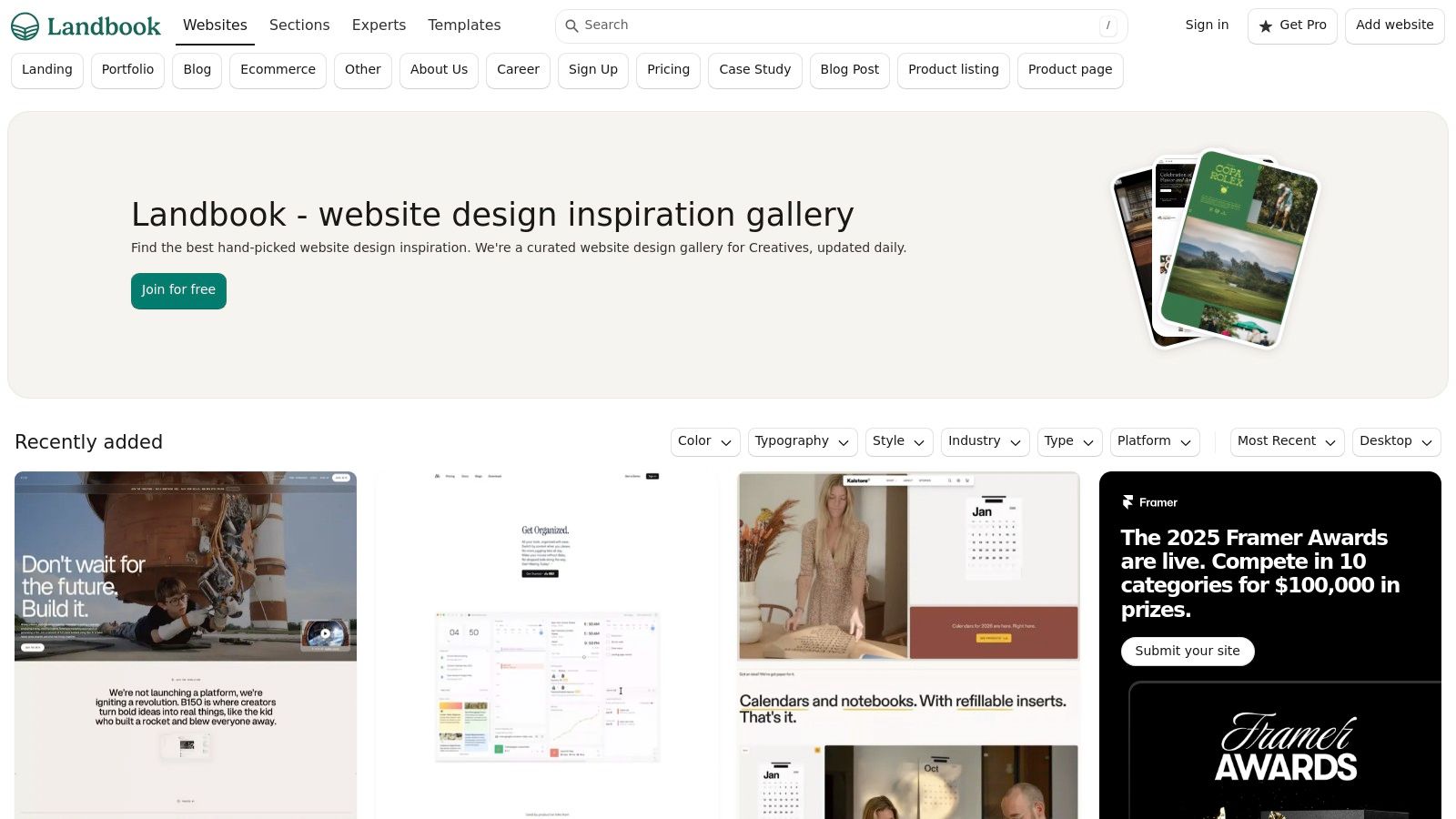 Land-book's interface showing a gallery of website designs, which can be filtered to find specific call to action button examples.