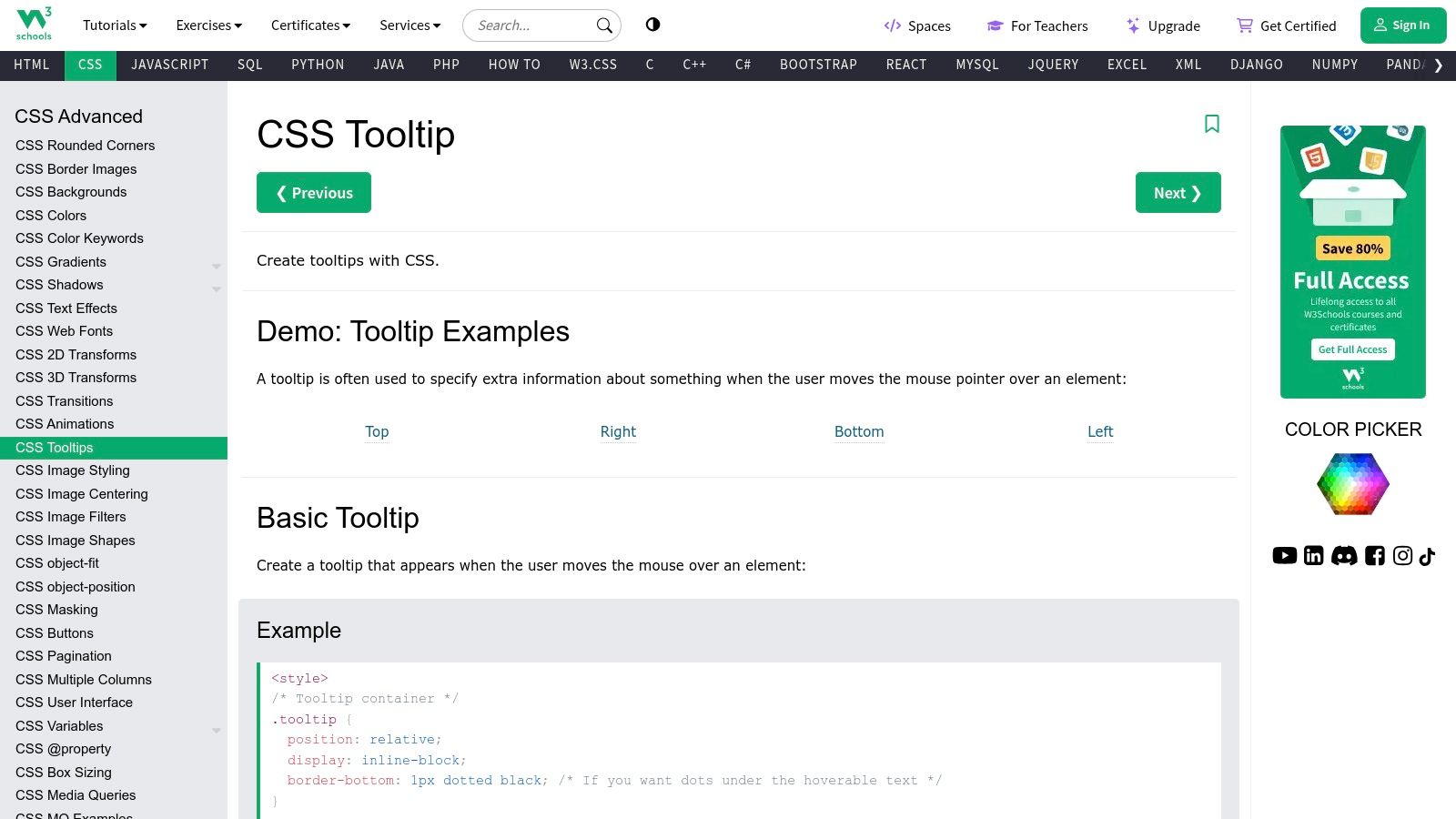 W3Schools Tooltip Tutorial