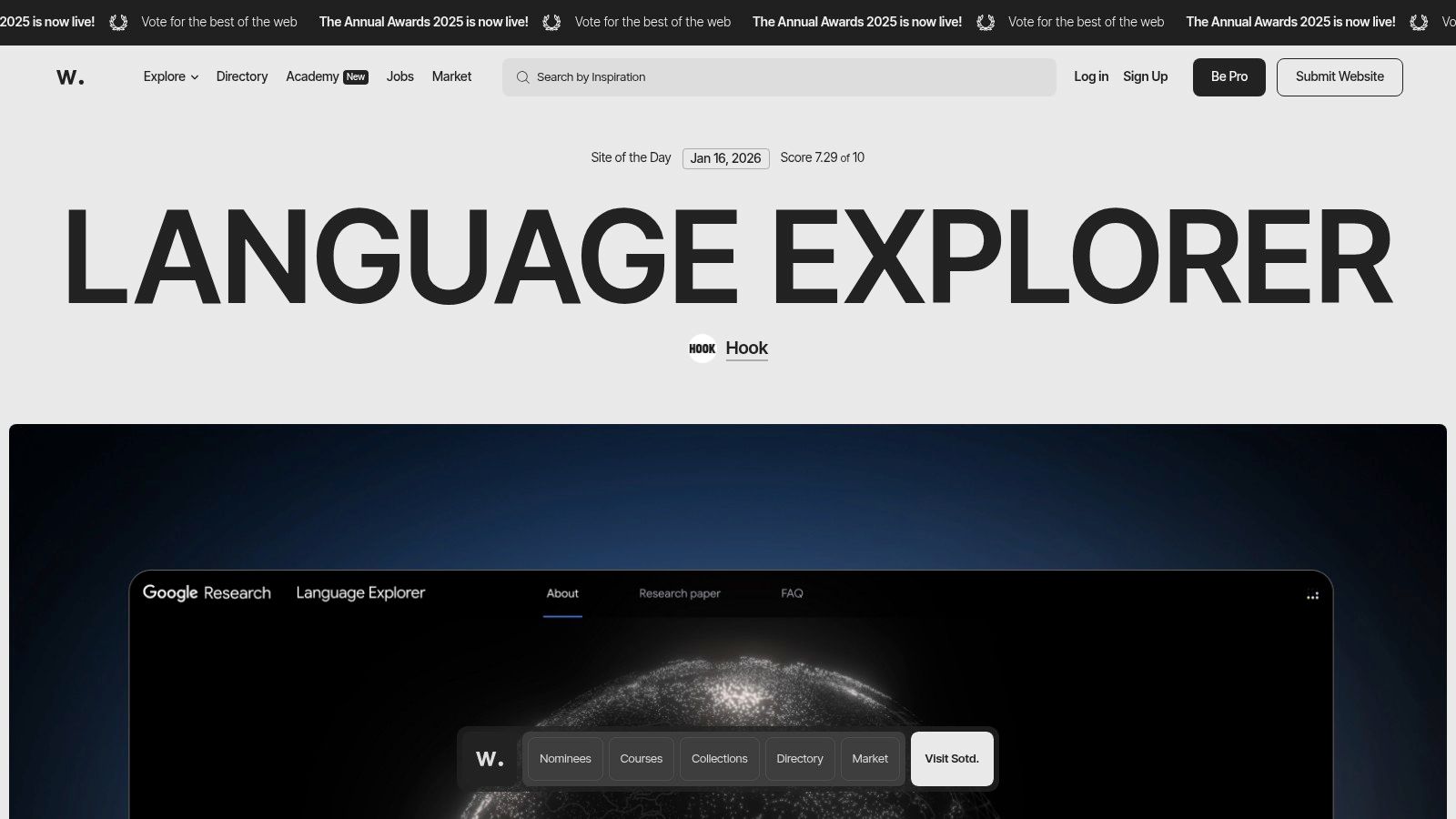 The Awwwards website homepage, showcasing award-winning website designs and a clear navigation structure for finding inspiration.