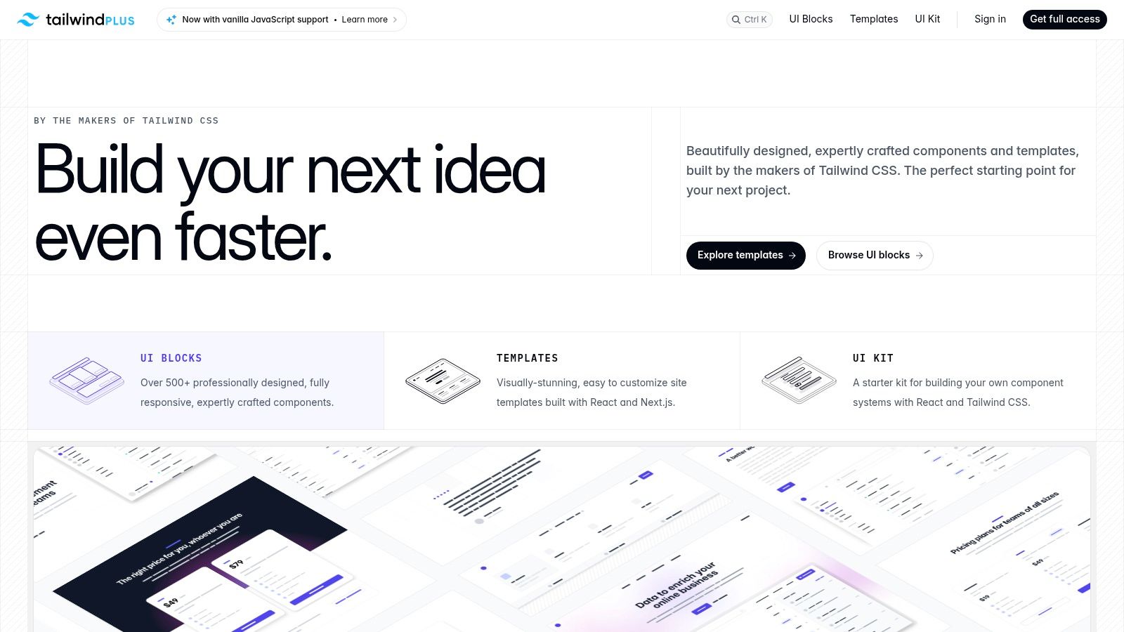 A preview of the Tailwind Plus component library, showcasing various user interface elements including navigation bars, dropdowns, and other web components.