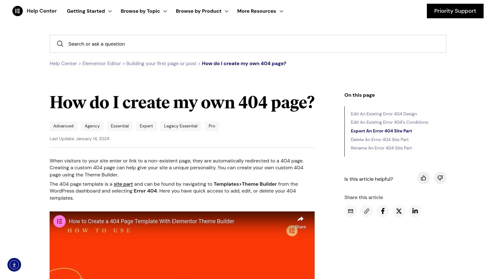 Elementor Help Center – 404 Site Part (Theme Builder)