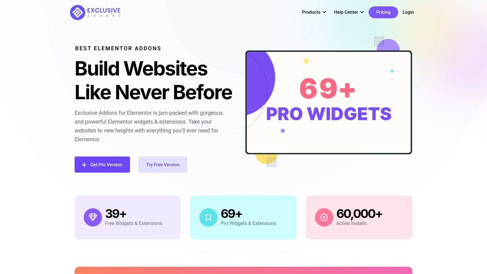 A collage showcasing various web page layouts created with Exclusive Addons for Elementor, including hero sections, feature grids, and testimonial sliders.