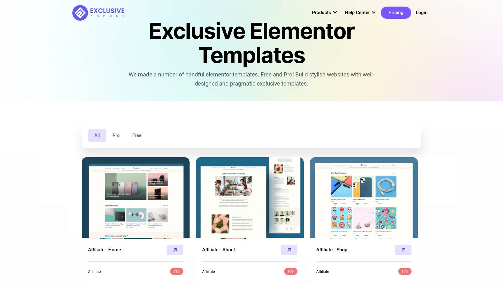 A grid view of various website layout templates available from the Exclusive Addons library, showcasing different styles for portfolios, business sites, and e-commerce.