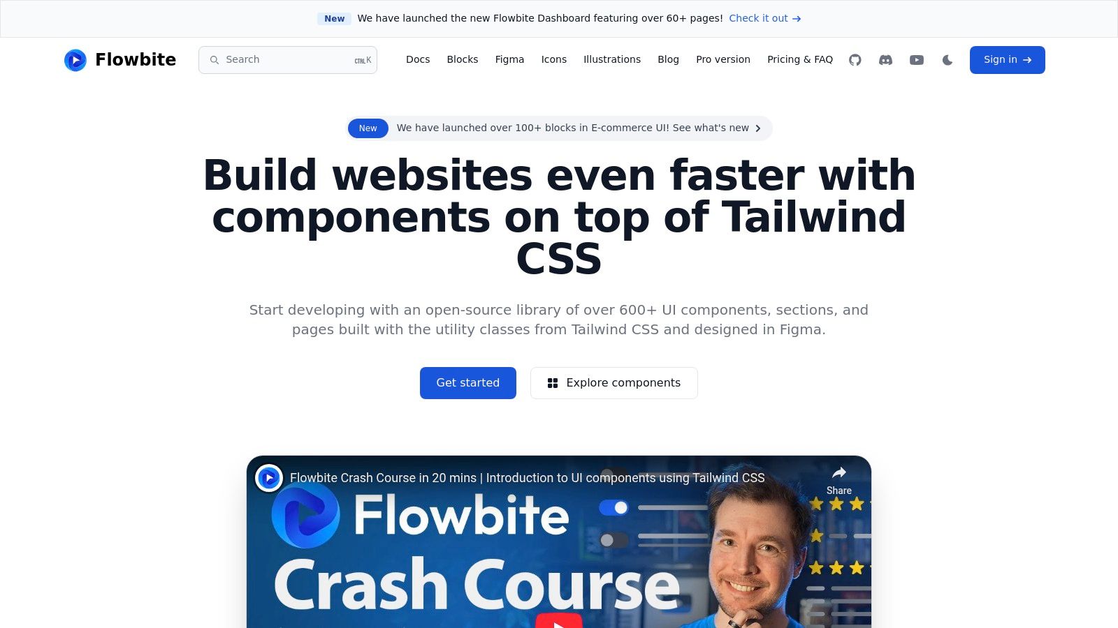 The Flowbite website showcasing a variety of pre-built UI components, including navbars, cards, and buttons, all designed with Tailwind CSS.