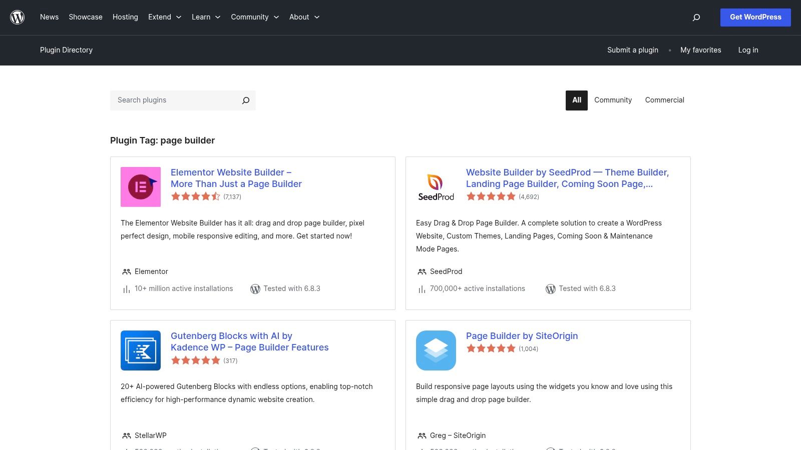 WordPress.org Plugin Directory (Page Builder tag)