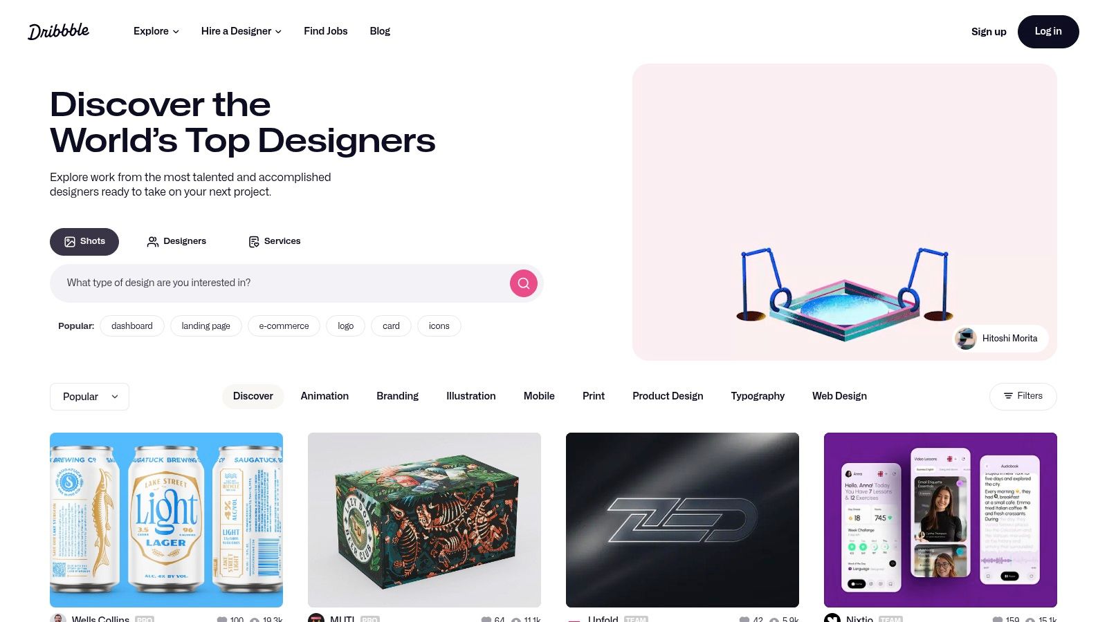 Dribbble showcasing a variety of creative design projects