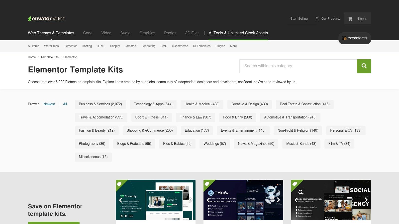 ThemeForest (Envato Market) – Elementor Template Kits