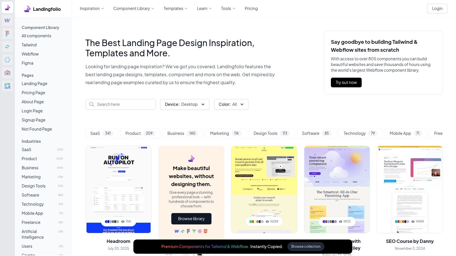 Landingfolio (Inspiration + Components/Templates Library)