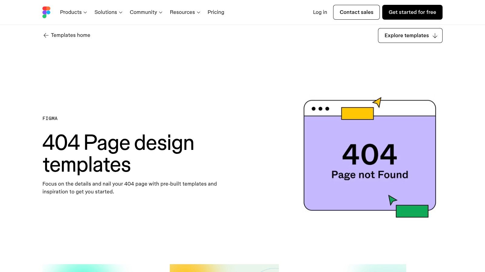 A collection of 404 page design templates available in the Figma Community gallery.