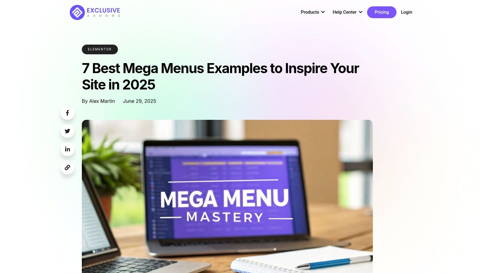 A visually rich mega menu example from Exclusive Addons, showcasing a multi-column layout with product images, categories, and promotional banners.