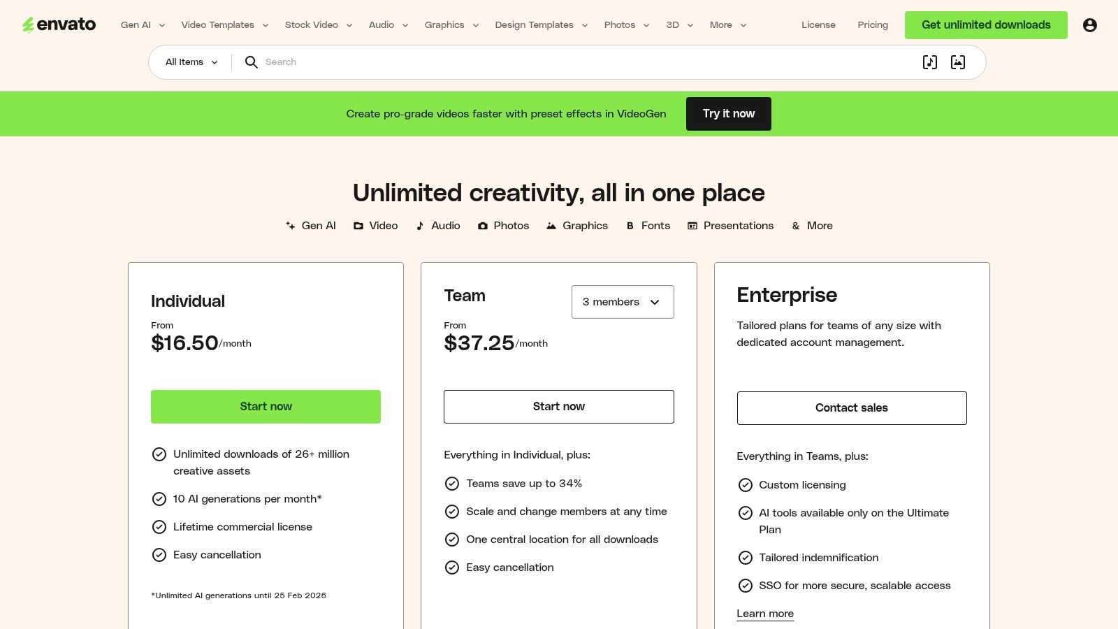 Envato Elements pricing plans showing options for individuals, teams, and enterprises