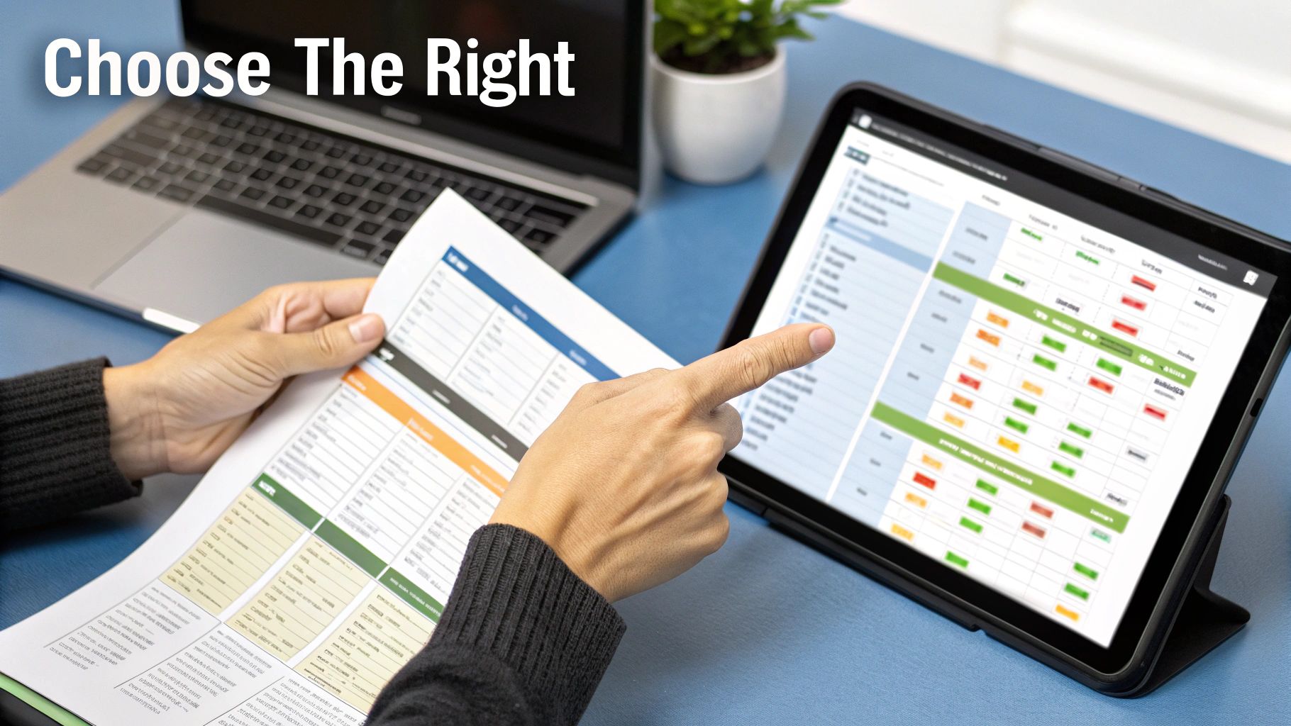 A person comparing data on a printed document and a digital tablet, with a laptop nearby.