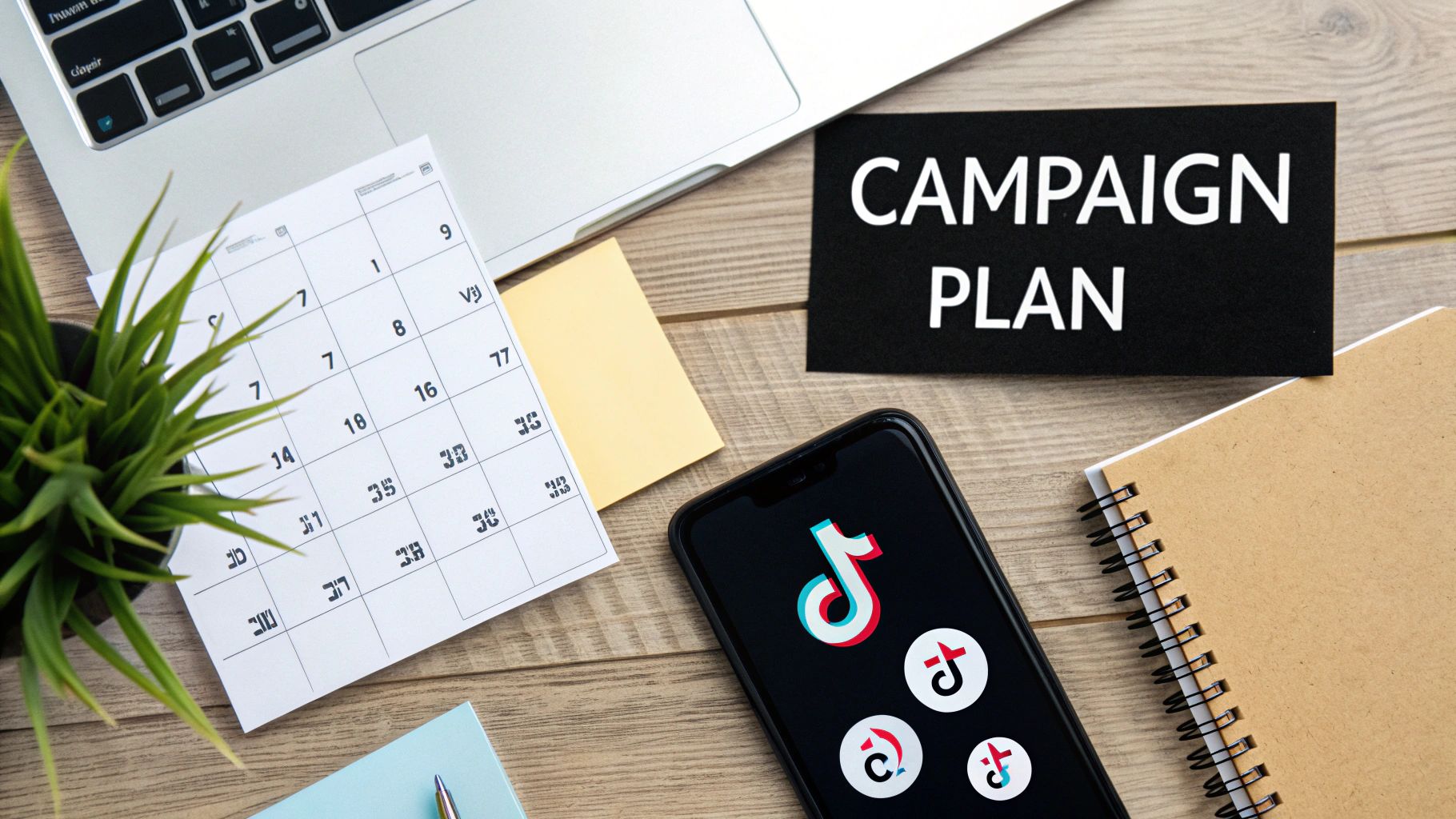 Overhead shot of a wooden desk with a 'CAMPAIGN PLAN' sign, calendar, laptop, and smartphone showing TikTok.