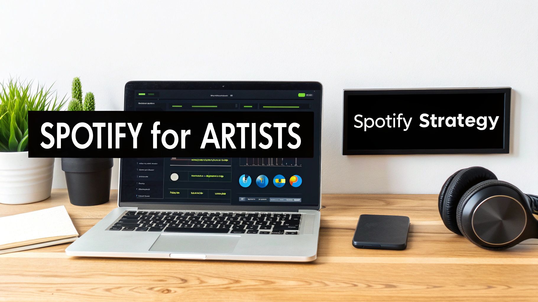 A desk setup with a laptop showing 'SPOTIFY for ARTISTS' and a wall screen displaying 'Spotify Strategy'.