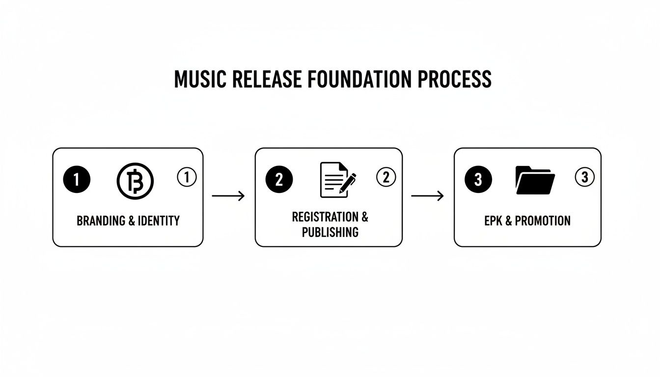 A three-step diagram outlining the music release foundation process, covering branding, registration, and promotion.