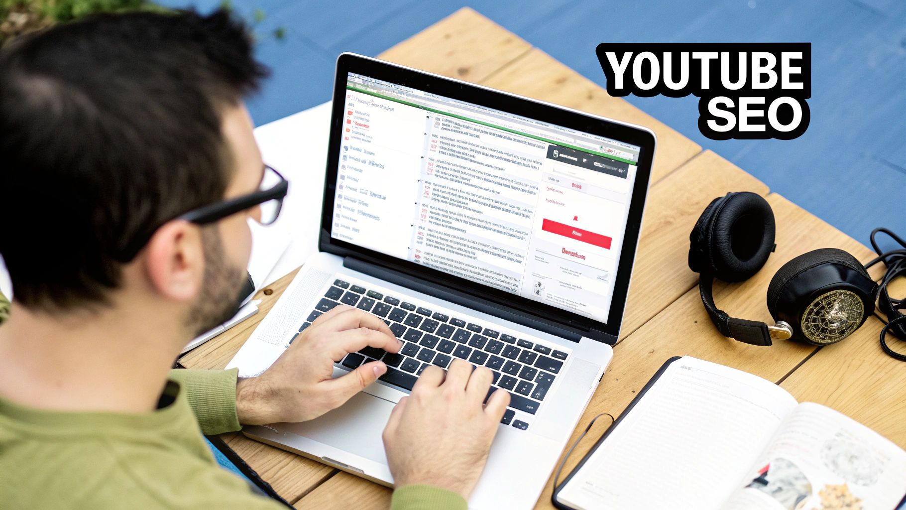 A person wearing glasses typing on a laptop, with headphones and a notebook, focusing on YouTube SEO.