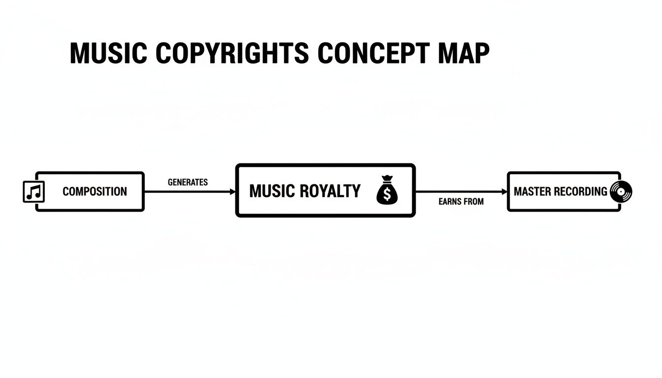 A music copyrights concept map illustrating how composition generates music royalty from master recording.