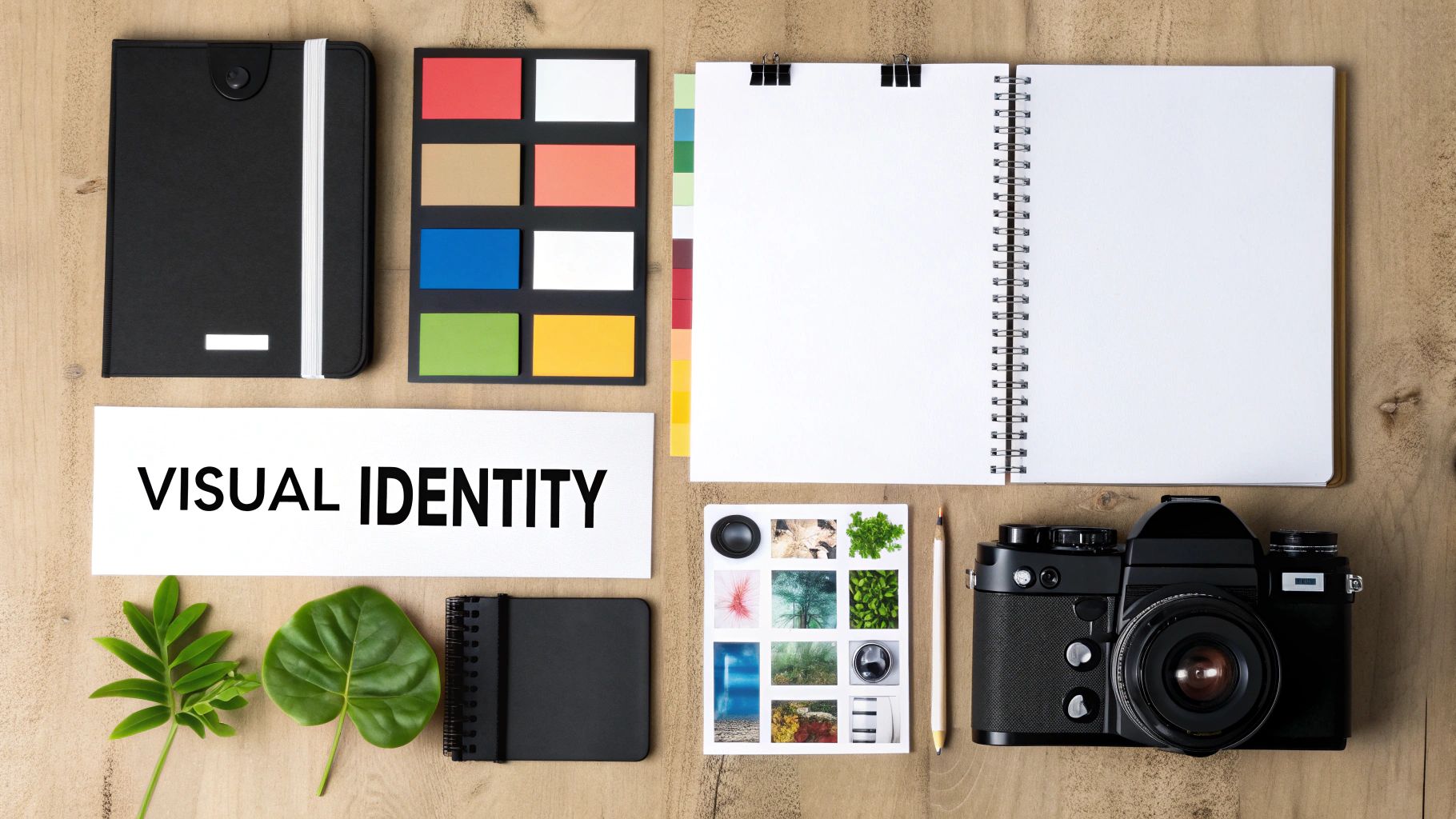 A flat lay of branding and design tools including a camera, color swatches, notebooks, and a 'VISUAL IDENTITY' sign on a wooden desk.