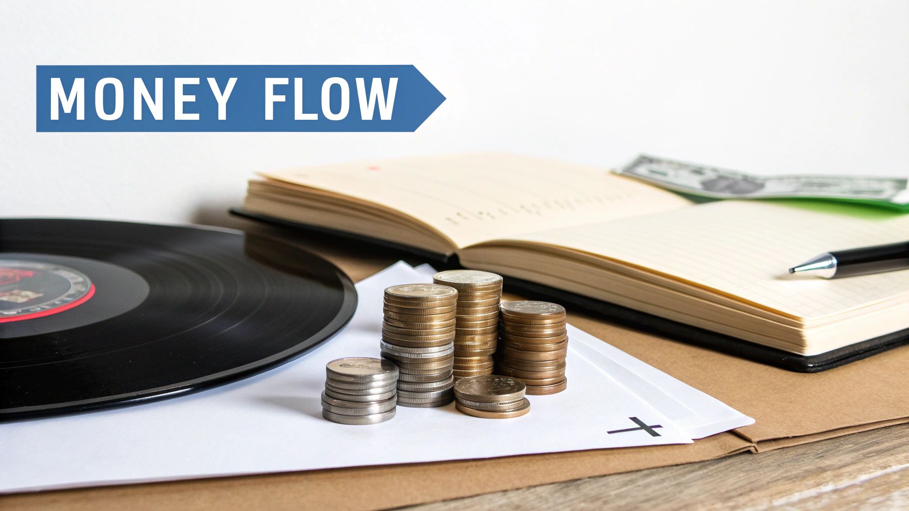 Stacks of coins, a vinyl record, an open notebook, and a 'MONEY FLOW' banner.