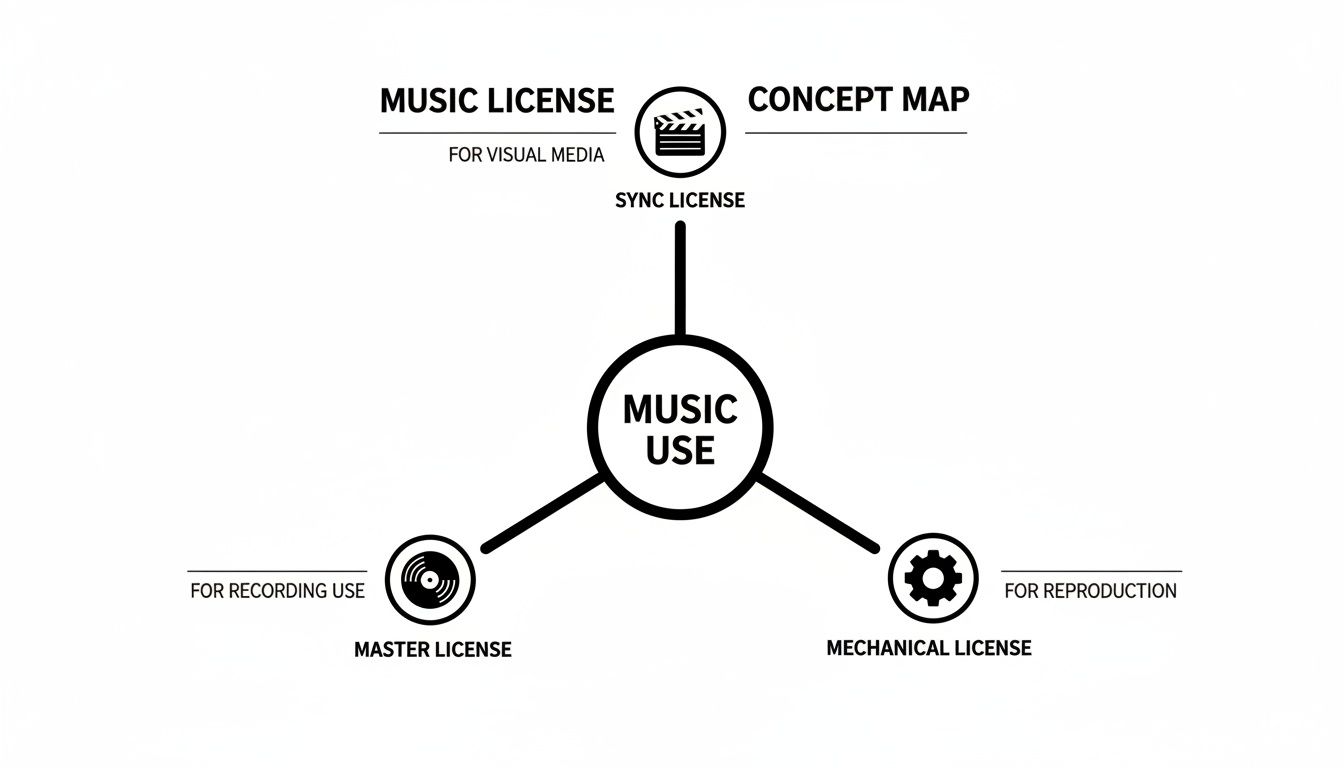 A concept map illustrating music use licenses, showing sync, master, and mechanical licenses for different media.