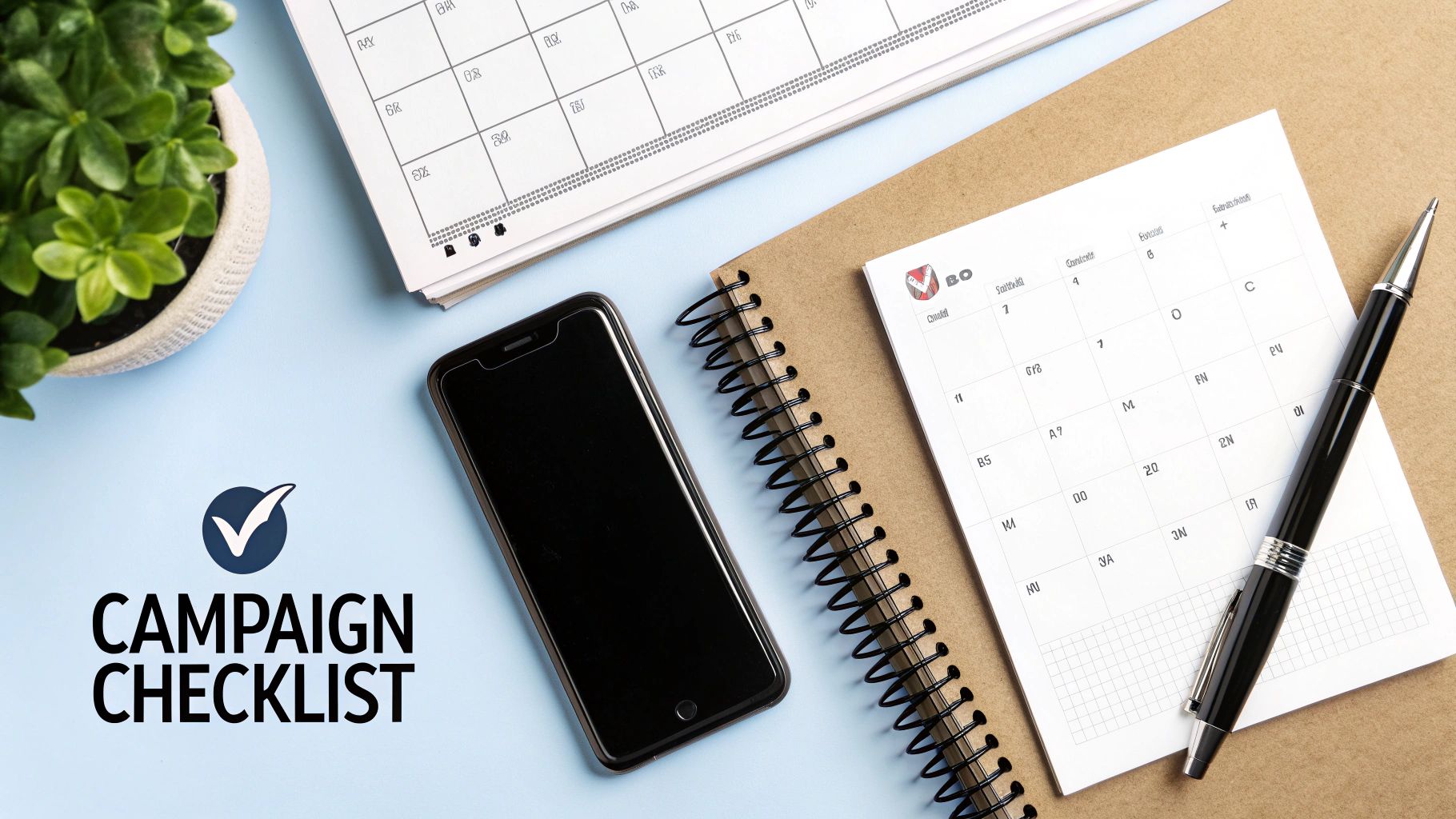 A flat lay showing a campaign checklist, calendar, smartphone, pen, and plant on a blue desk.