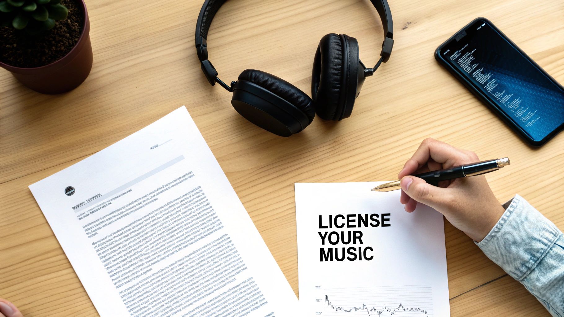 Overhead shot of a person writing on a 'LICENSE YOUR MUSIC' document on a wooden desk with headphones.