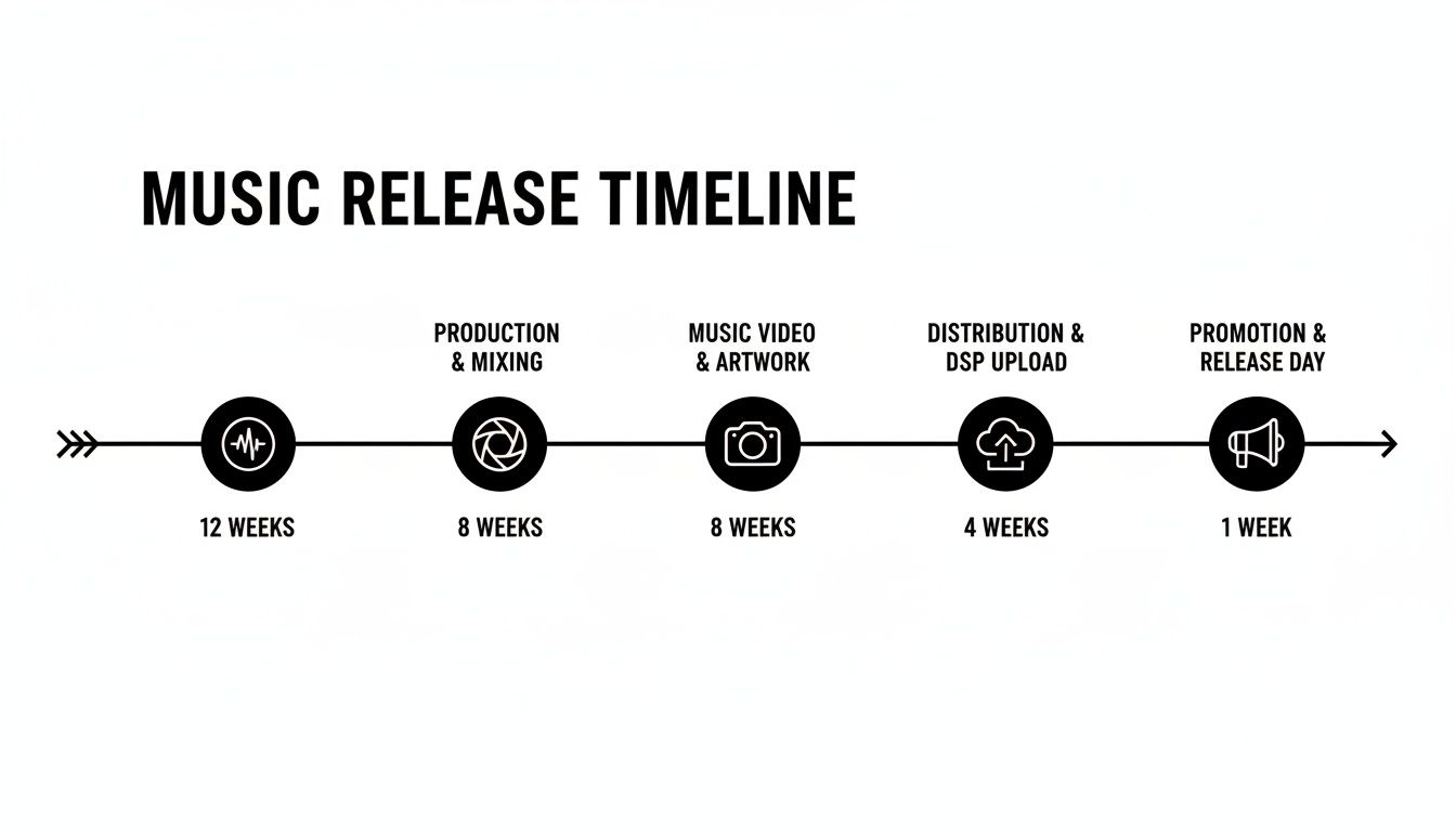 Music release timeline infographic showing stages: production, music video, distribution, and promotion with durations.
