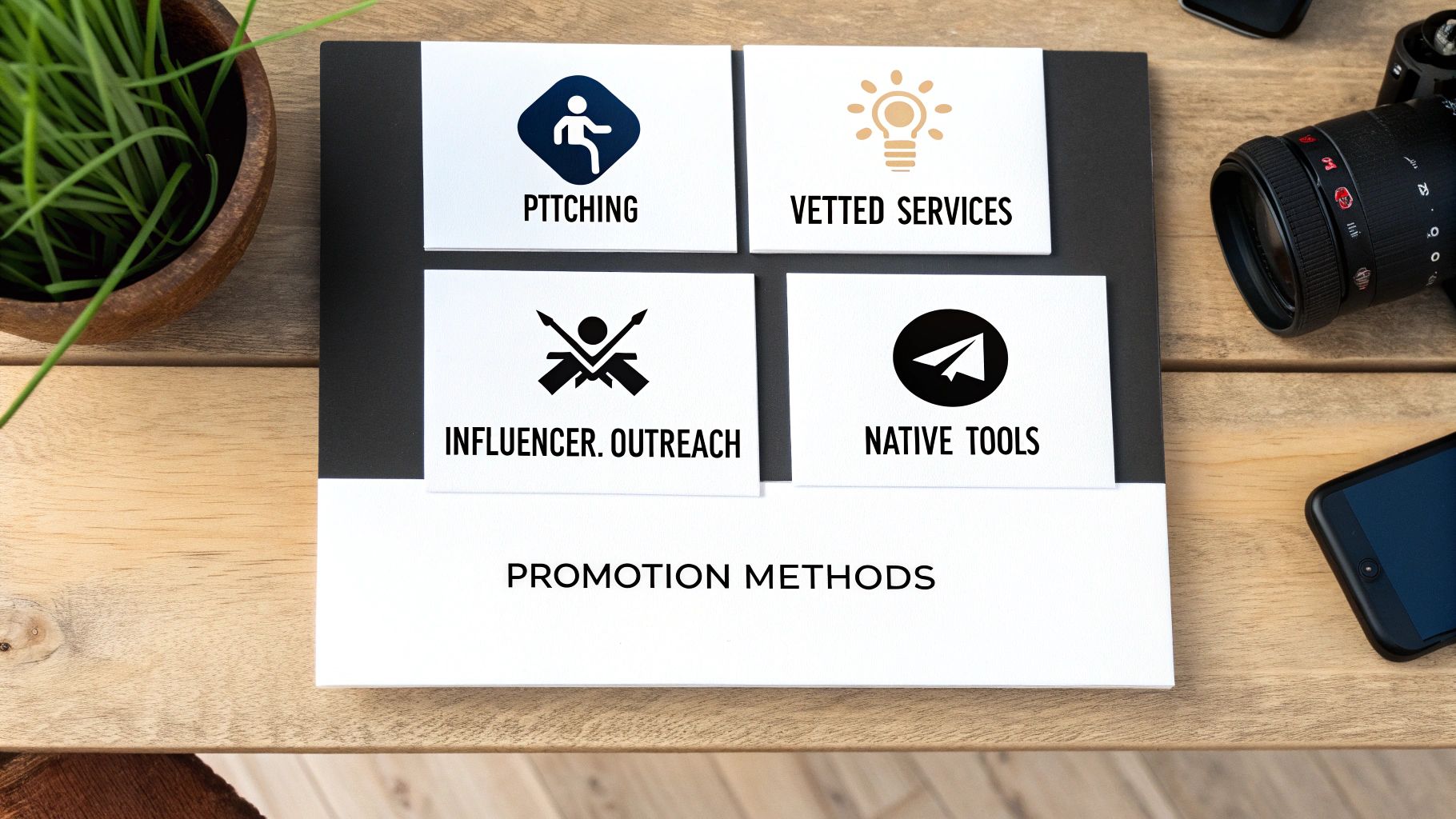 A flat lay displaying four white cards outlining various promotion methods: pitching, vetted services, influencer outreach, and native tools.