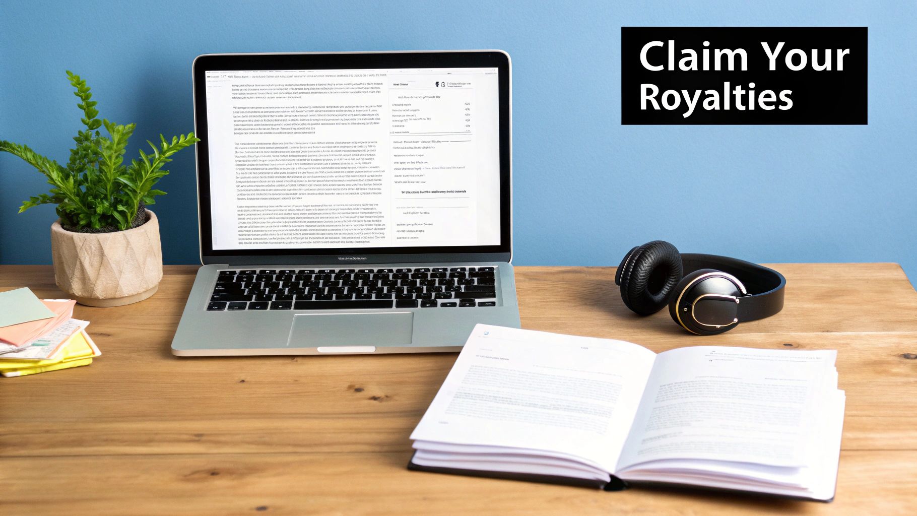 A modern desk with a laptop showing text, a plant, headphones, an open book, and 'Claim Your Royalties' banner.