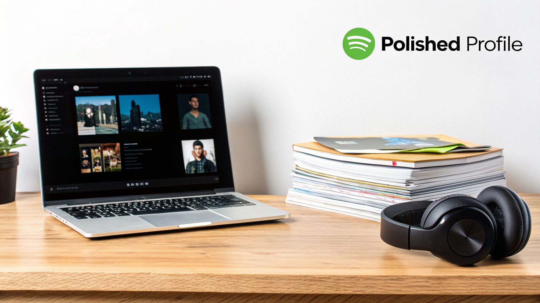 A laptop displays a music profile on a wooden desk, with headphones, books, and a plant.