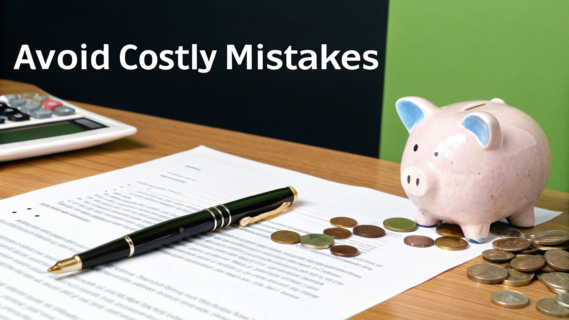 A financial desk setup with a piggy bank, coins, document, and calculator, displaying 'Avoid Costly Mistakes'.