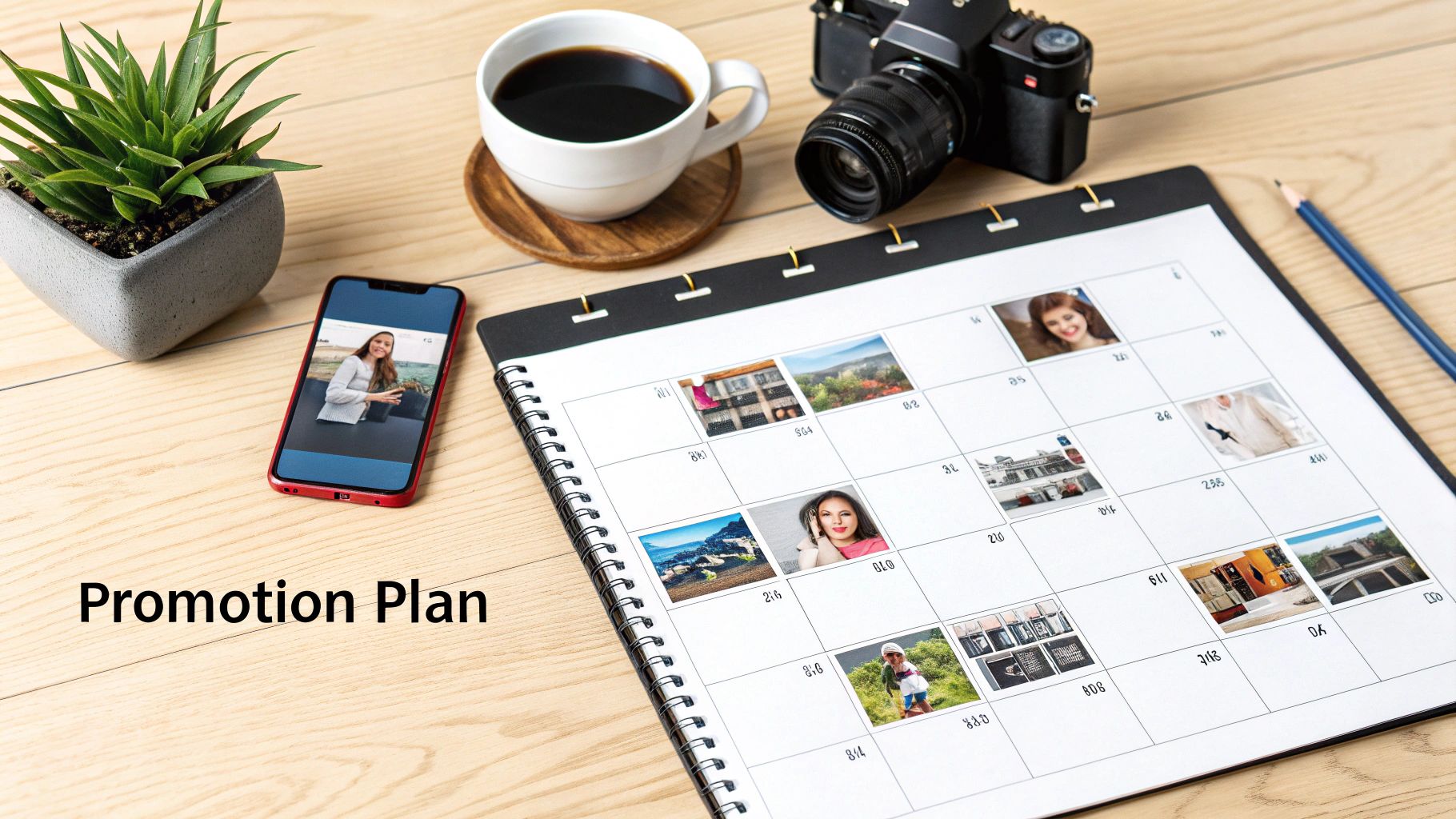 A desk with a promotion plan calendar, smartphone, camera, coffee cup, and a small plant.