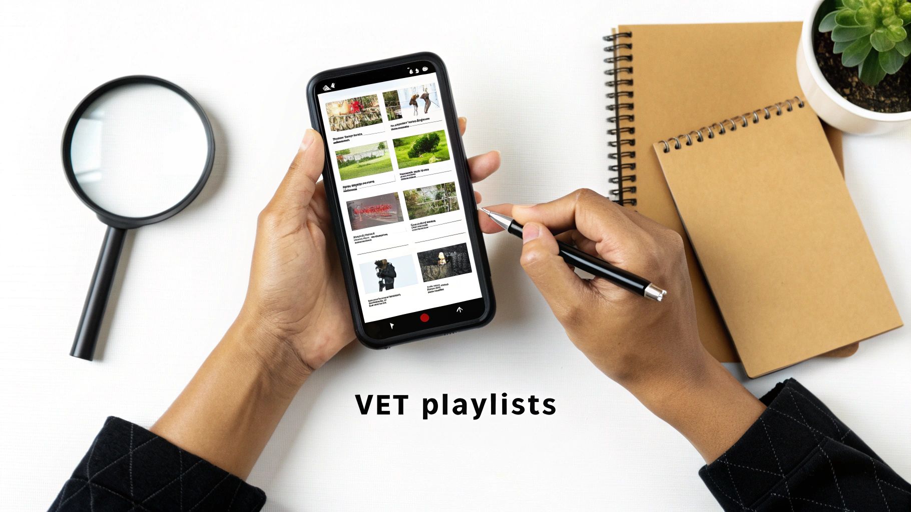 Hands holding a smartphone displaying VET playlists, with a pen, magnifying glass, and notebooks on a white desk.