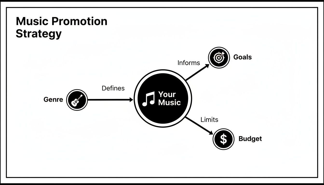 Diagram illustrating a music promotion strategy, showing how genre defines music, which then informs goals and limits budget.