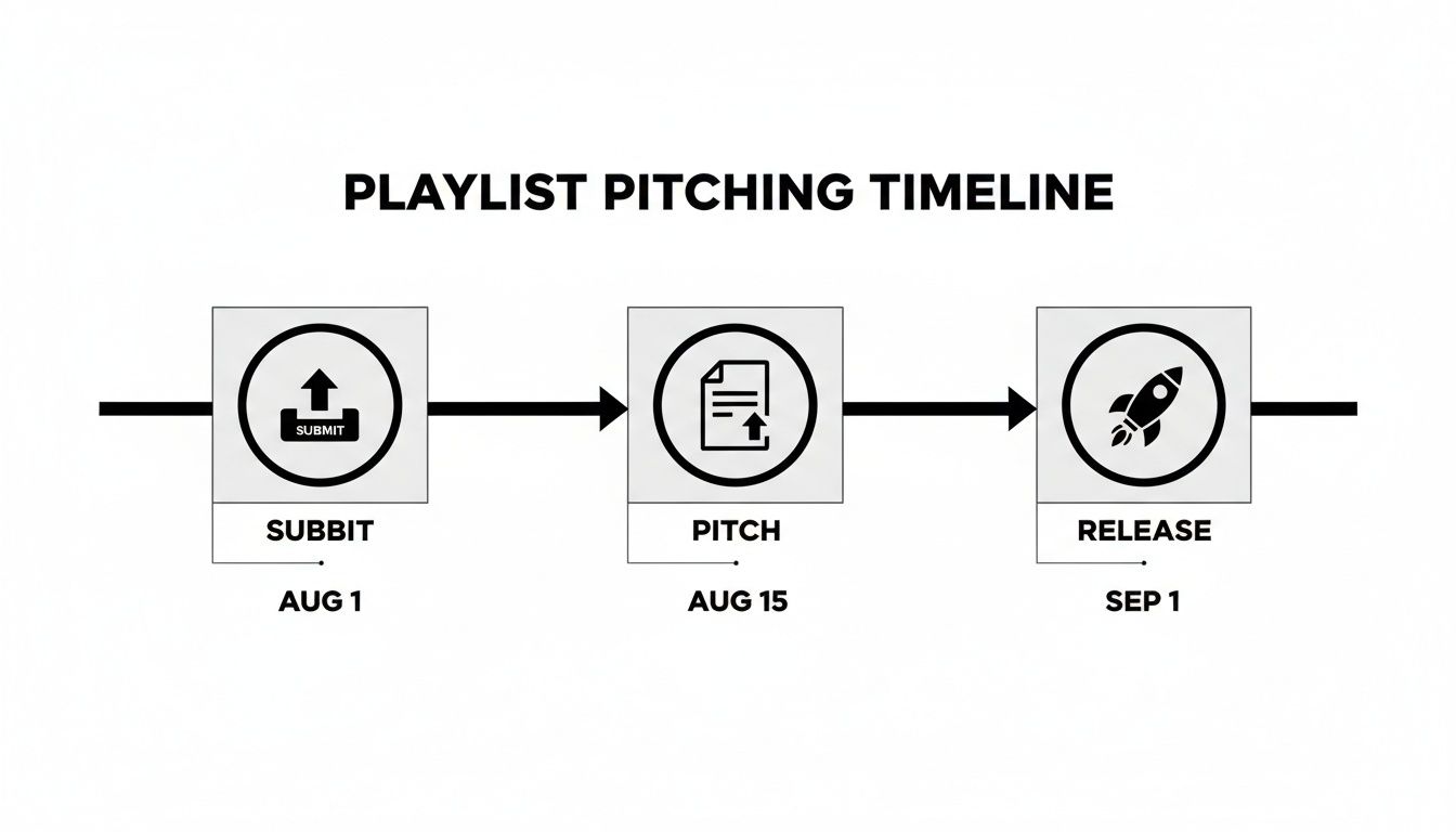 A timeline showing three stages: Submit (Aug 1), Pitch (Aug 15), and Release (Sep 1).