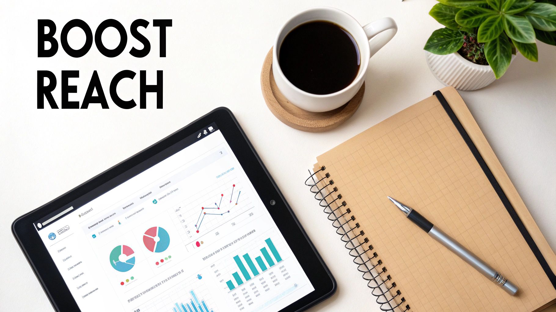 A modern workspace flat lay with a tablet showing analytics, coffee, a notebook, and a pen.