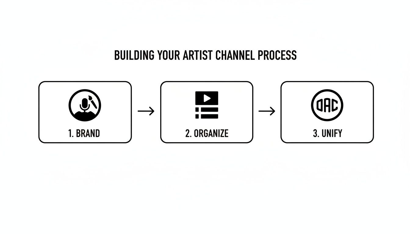 A diagram outlining a three-step process: 1. Brand, 2. Organize, and 3. Unify, for building an artist channel.