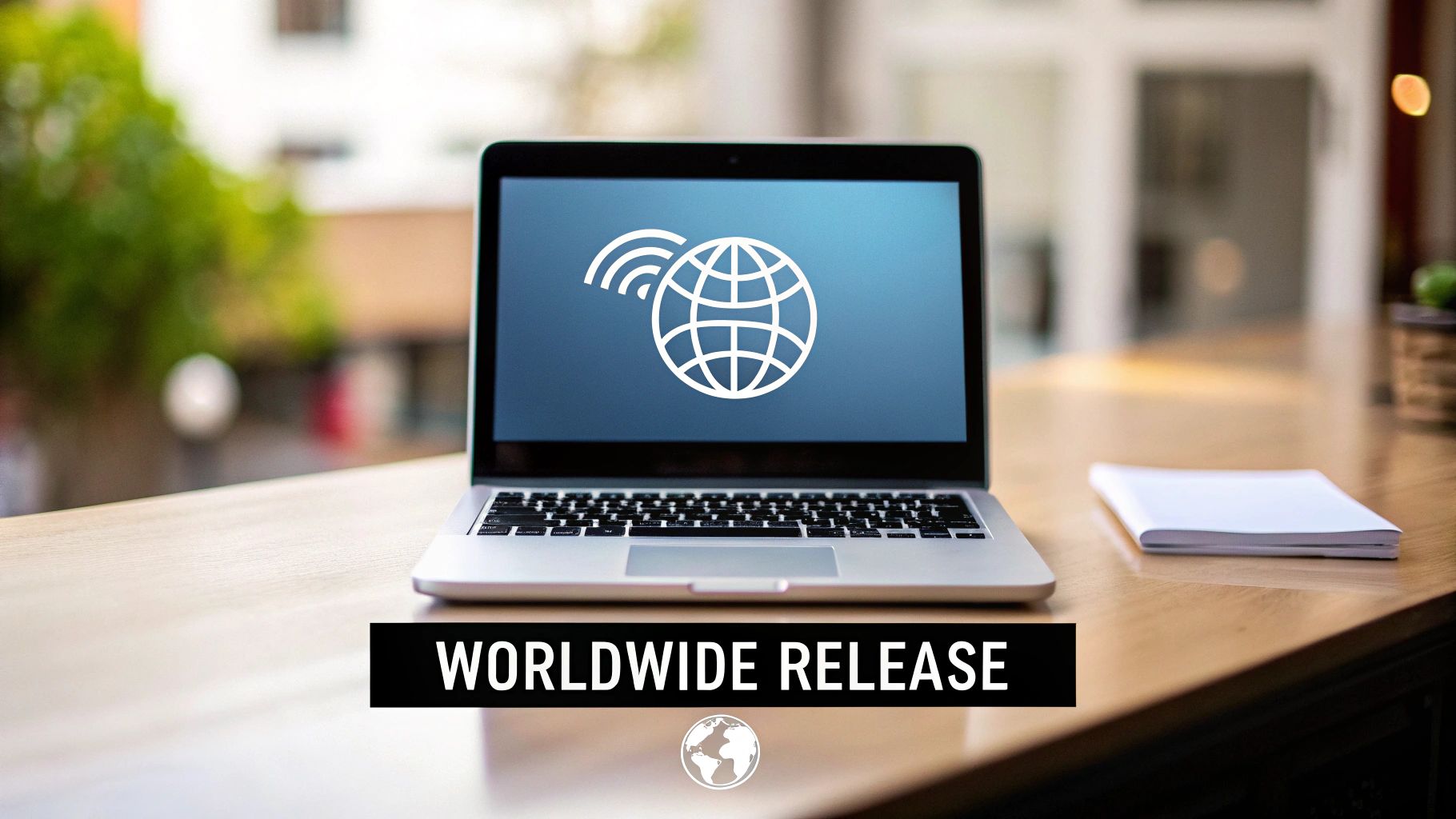 A laptop displays a globe and wifi icon, with 'WORLDWIDE RELEASE' text below on a wooden desk.