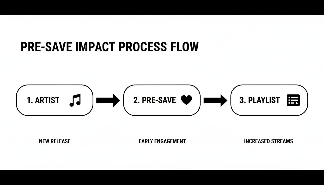 Flowchart illustrating the pre-save impact process: artist new release leads to pre-save early engagement, resulting in playlist increased streams.