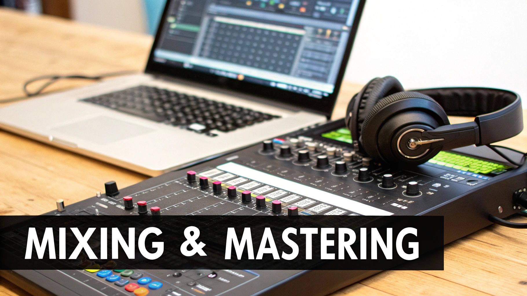Close-up of a music production setup with laptop, audio mixer, headphones, and 'MIXING & MASTERING' text.