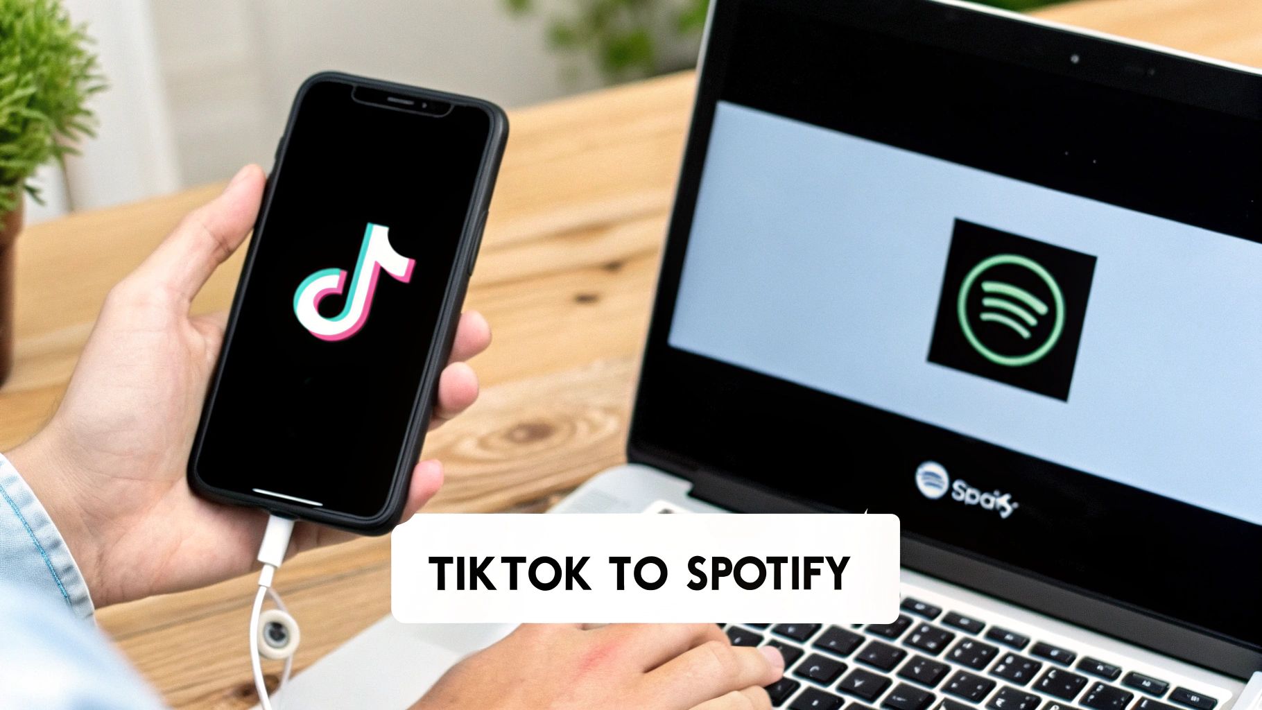 Hand holding a phone with TikTok logo, next to a laptop displaying Spotify, with 'TikTok to Spotify' text.
