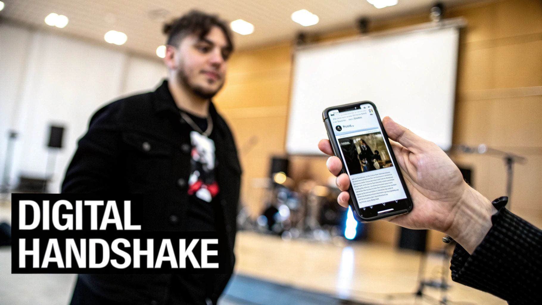 A hand holds a smartphone displaying a news article, with a blurred person in the background. Text overlay: 'DIGITAL HANDSHAKE'.