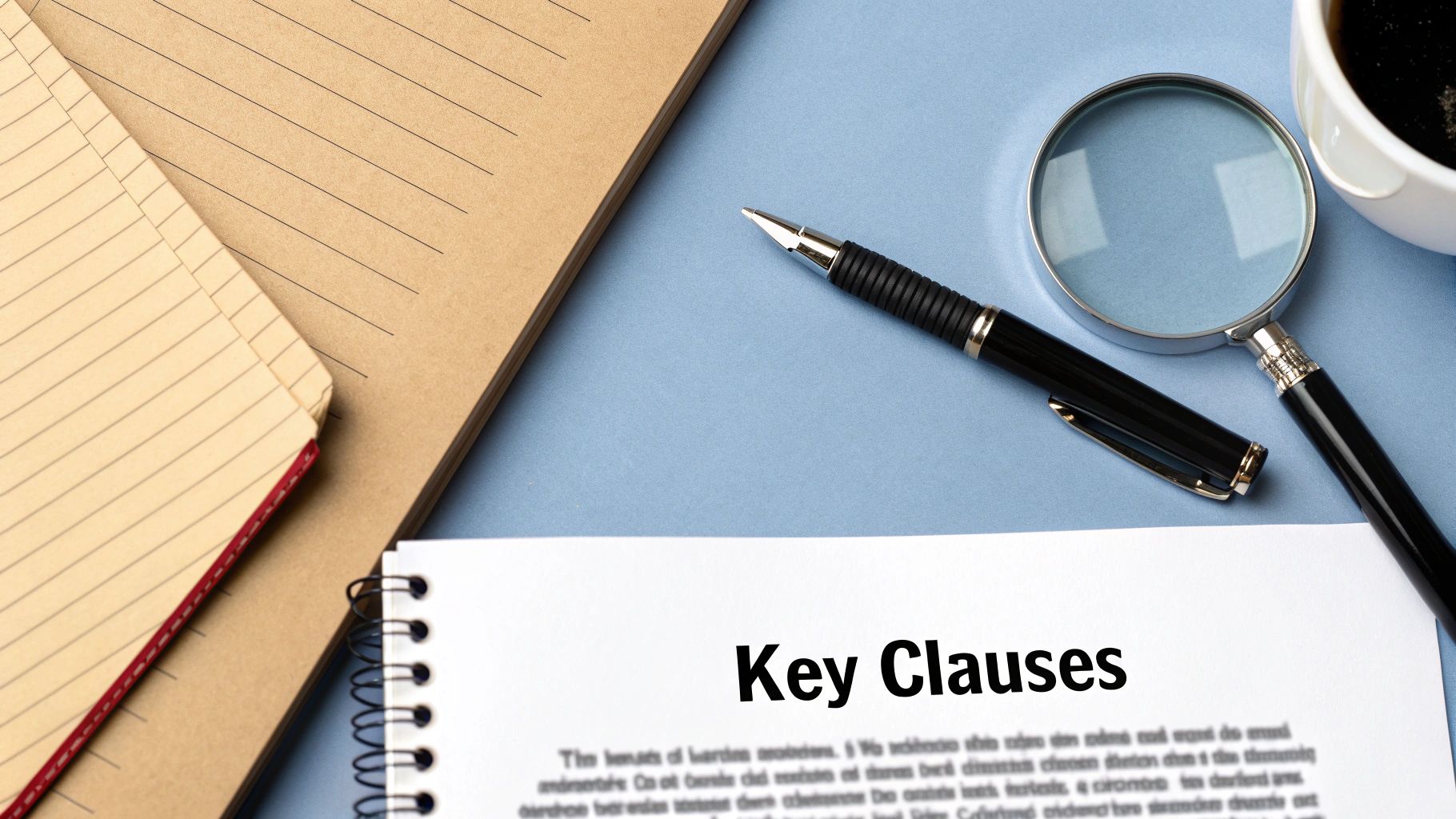 Desk setup with 'Key Clauses' document, pen, magnifying glass, coffee, and notebooks on a blue surface.
