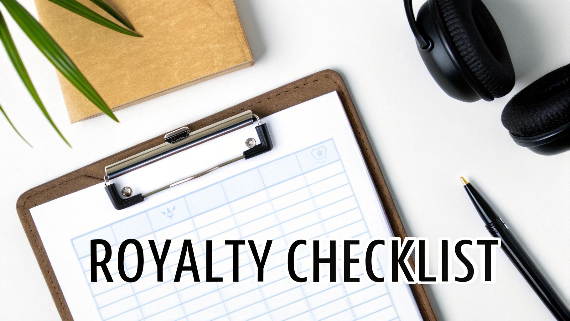 Flat lay of a 'Royalty Checklist' on a clipboard, next to headphones, a pen, and a notebook.