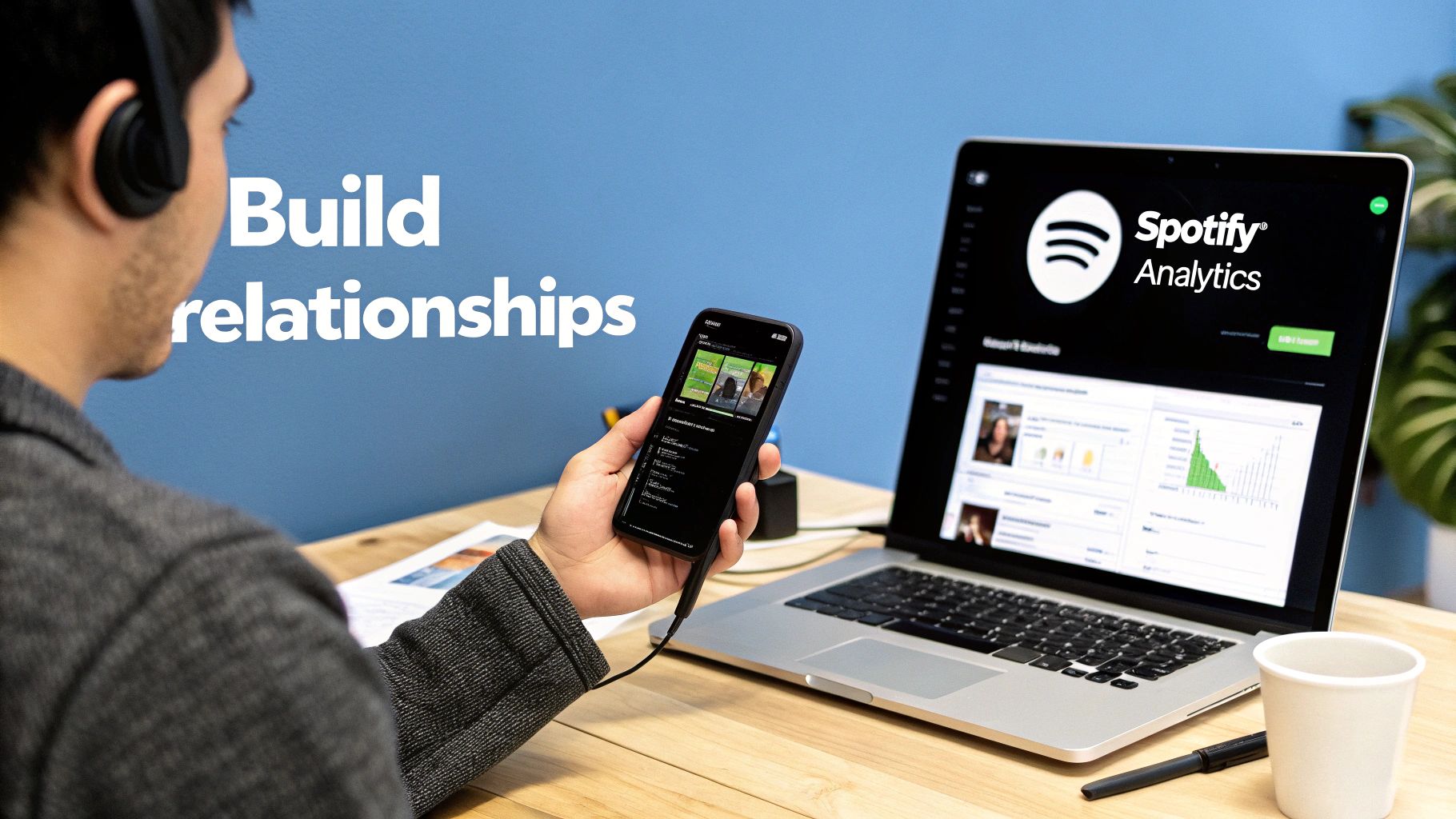 A person with headphones looking at a laptop showing Spotify Analytics and holding a smartphone.