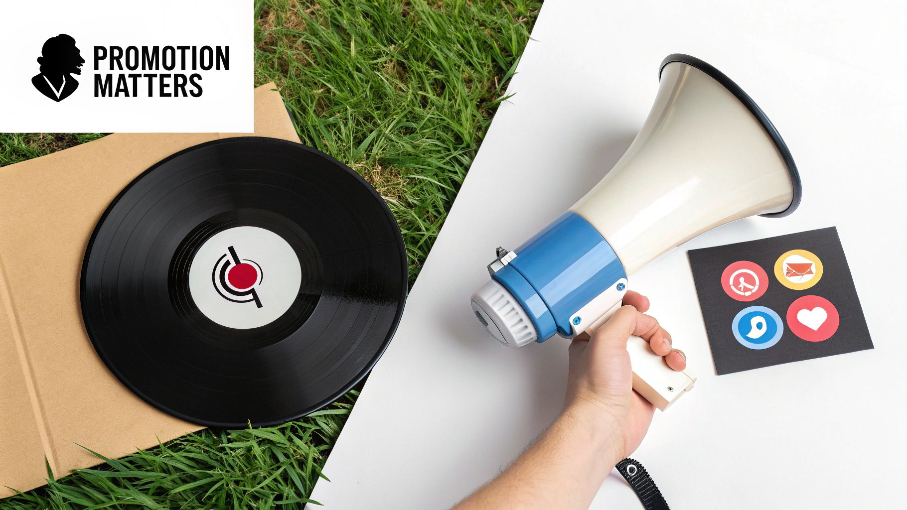 A vinyl record on grass, a megaphone, and social media icons representing music promotion.