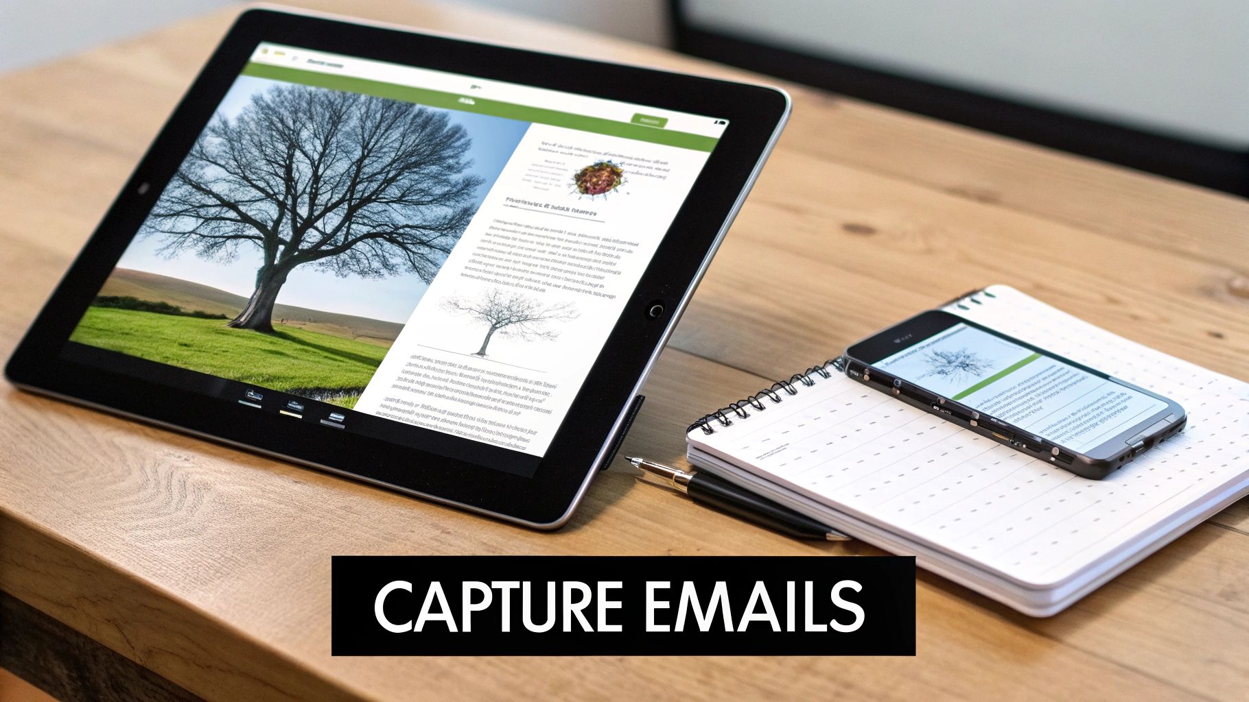 A tablet and smartphone displaying digital content on a wooden desk with a notebook and pen.