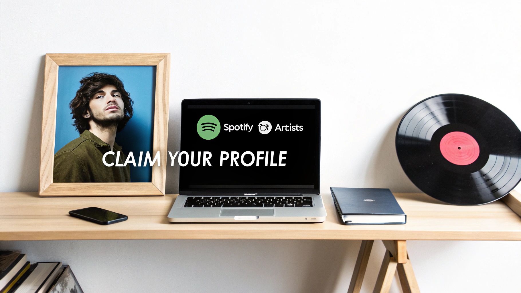 Music artist's desk with Spotify Artists profile on laptop, framed photo, phone, book, and vinyl record.