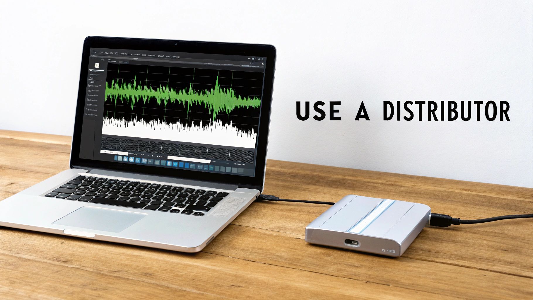 A laptop displaying audio editing software with green waveforms, connected to a silver external audio interface, next to the text 'USE A DISTRIBUTOR'.
