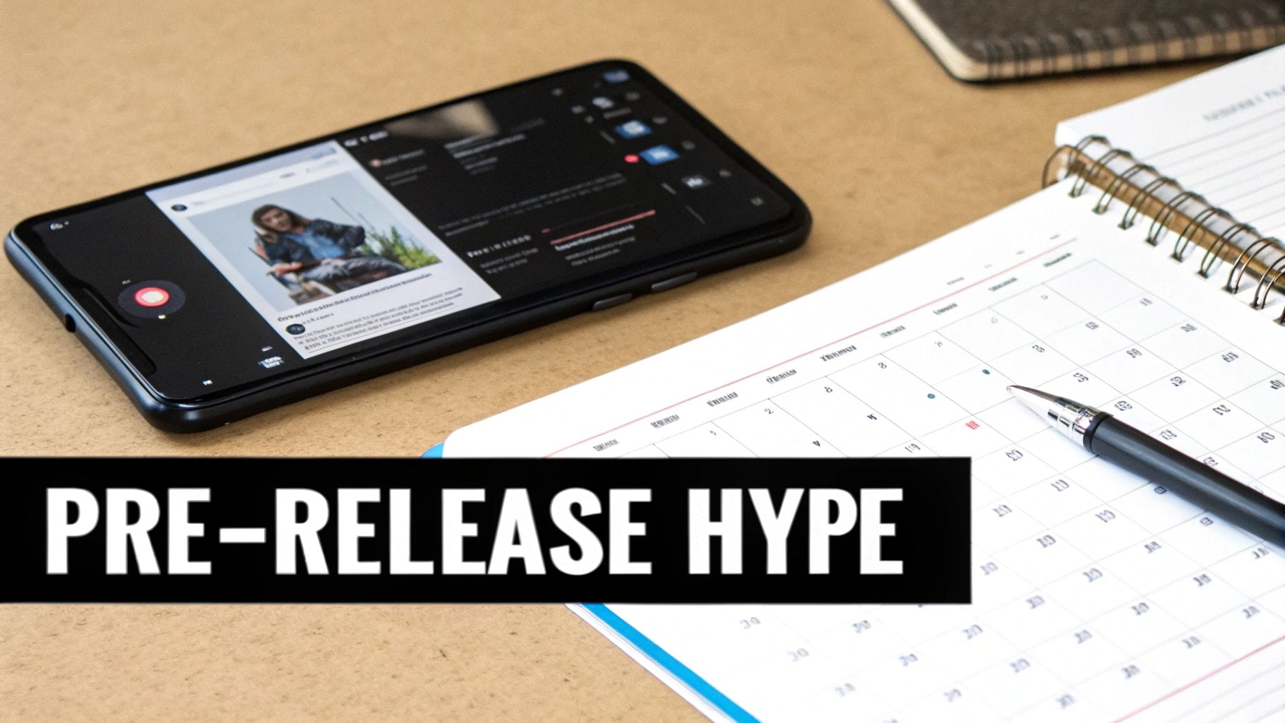 A smartphone displaying a post, a calendar, a pen, and the text 'PRE-RELEASE HYPE'.